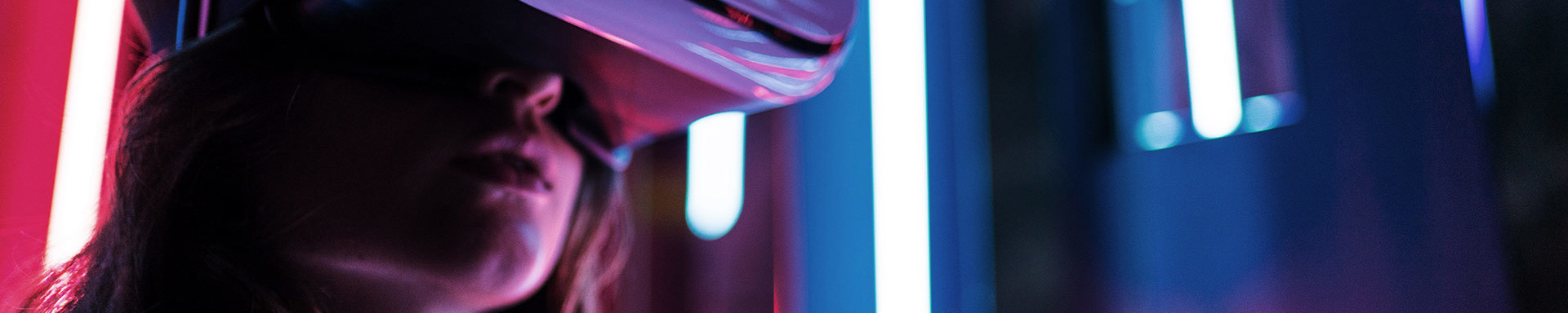 Woman with a VR headset in a futuristic enviroment.