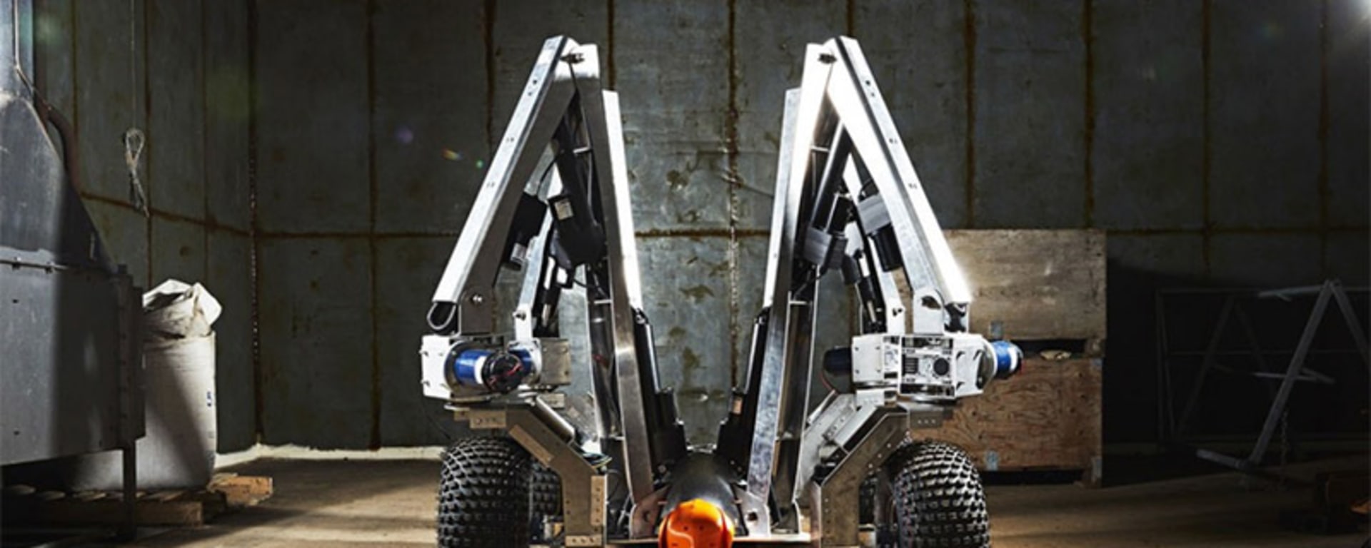 An industrial machine with wheels and light, suitable for precision farming, symbolizes agricultural innovation.