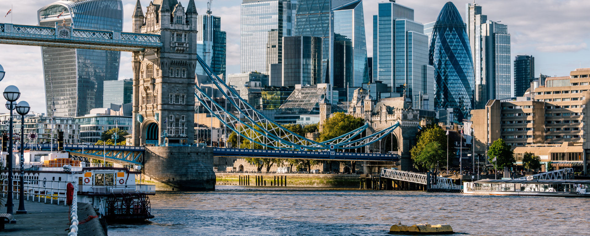 A photo showing iconic buildings such as London bridge and the Gherkin as well as the river Thames.