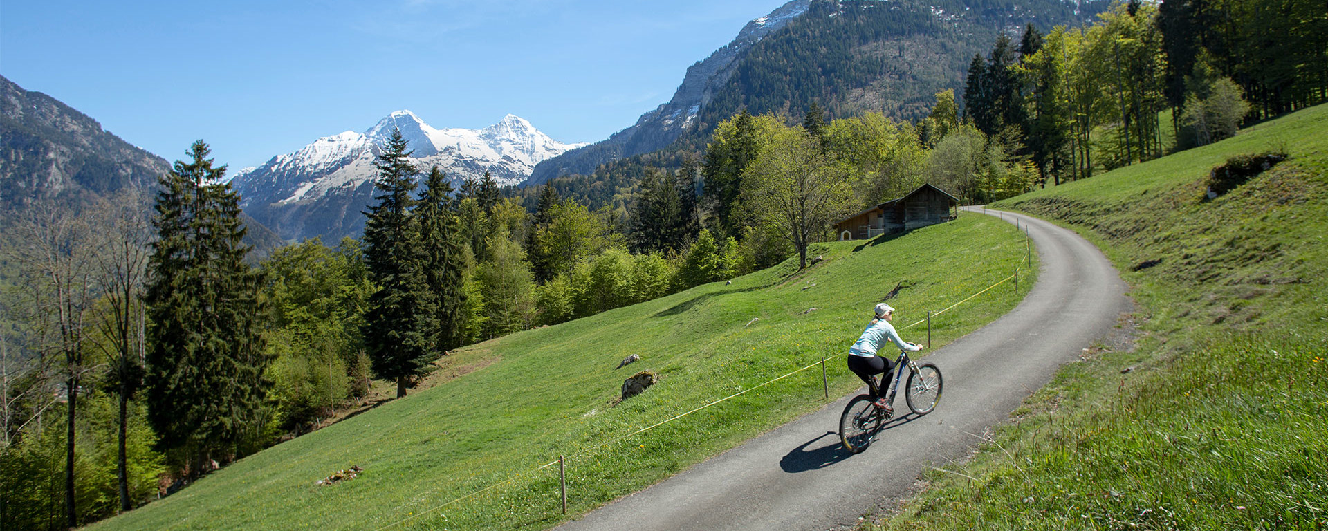 Cyclist on a winding mountain road in the Swiss Alps under sunny skies - stunning view of green hillsides and distant alpine peaks.