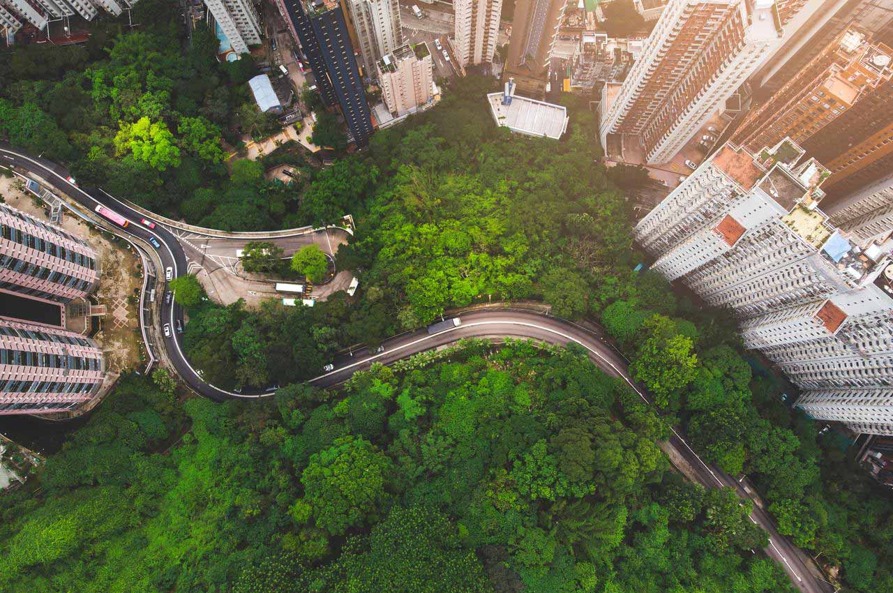 Bird's eye view over a park in the city of Hong Kong.