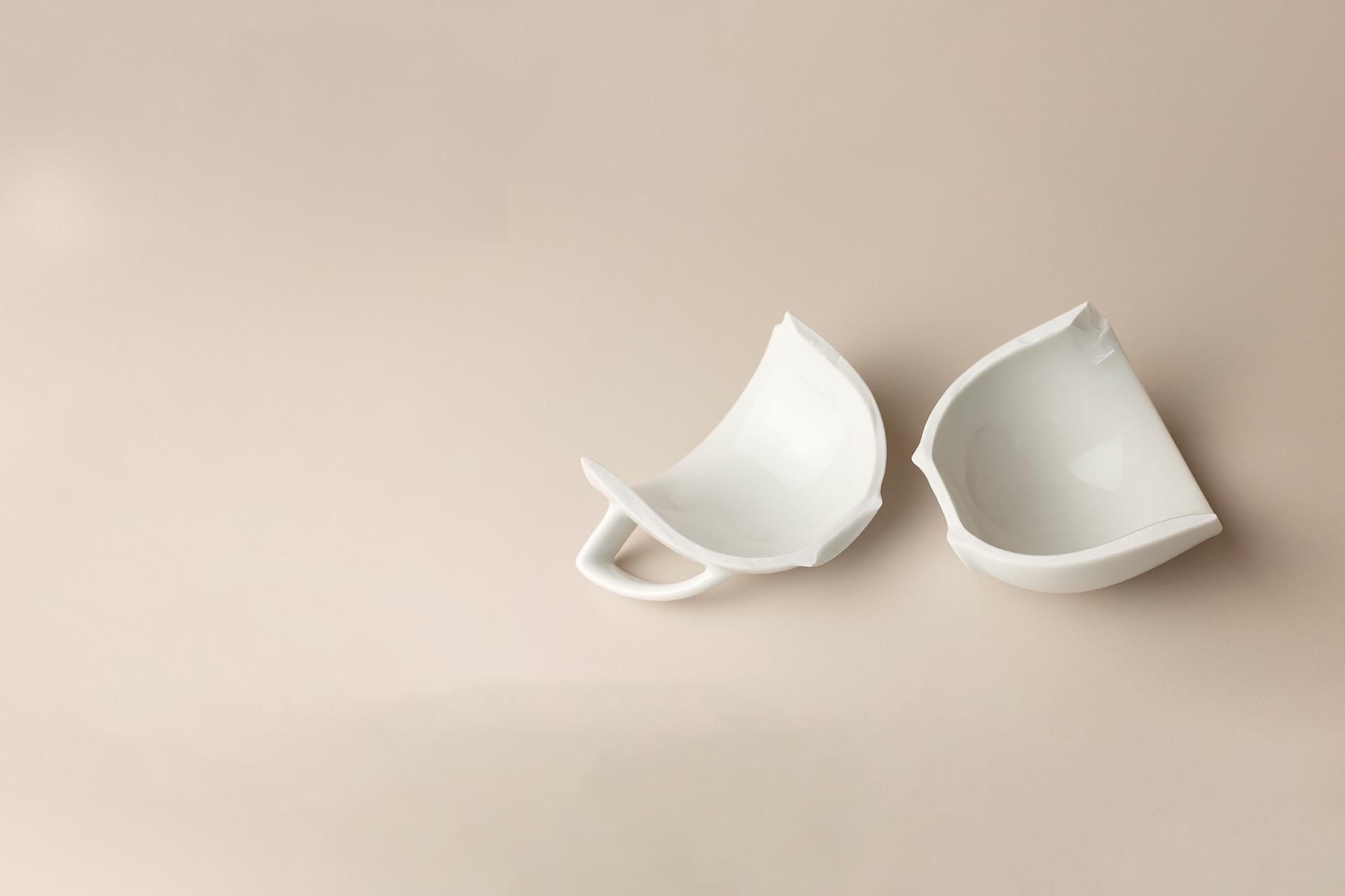 Two halves of a white broken cup lie on a bright surface.
