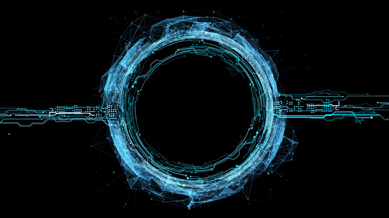A circular blue light on a black background, emitting a soft glow.