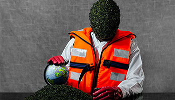 A man in a life jacket holding a globe.