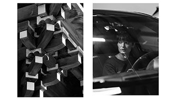 Two pictures: some geometrical shapes and a woman sitting in a car.