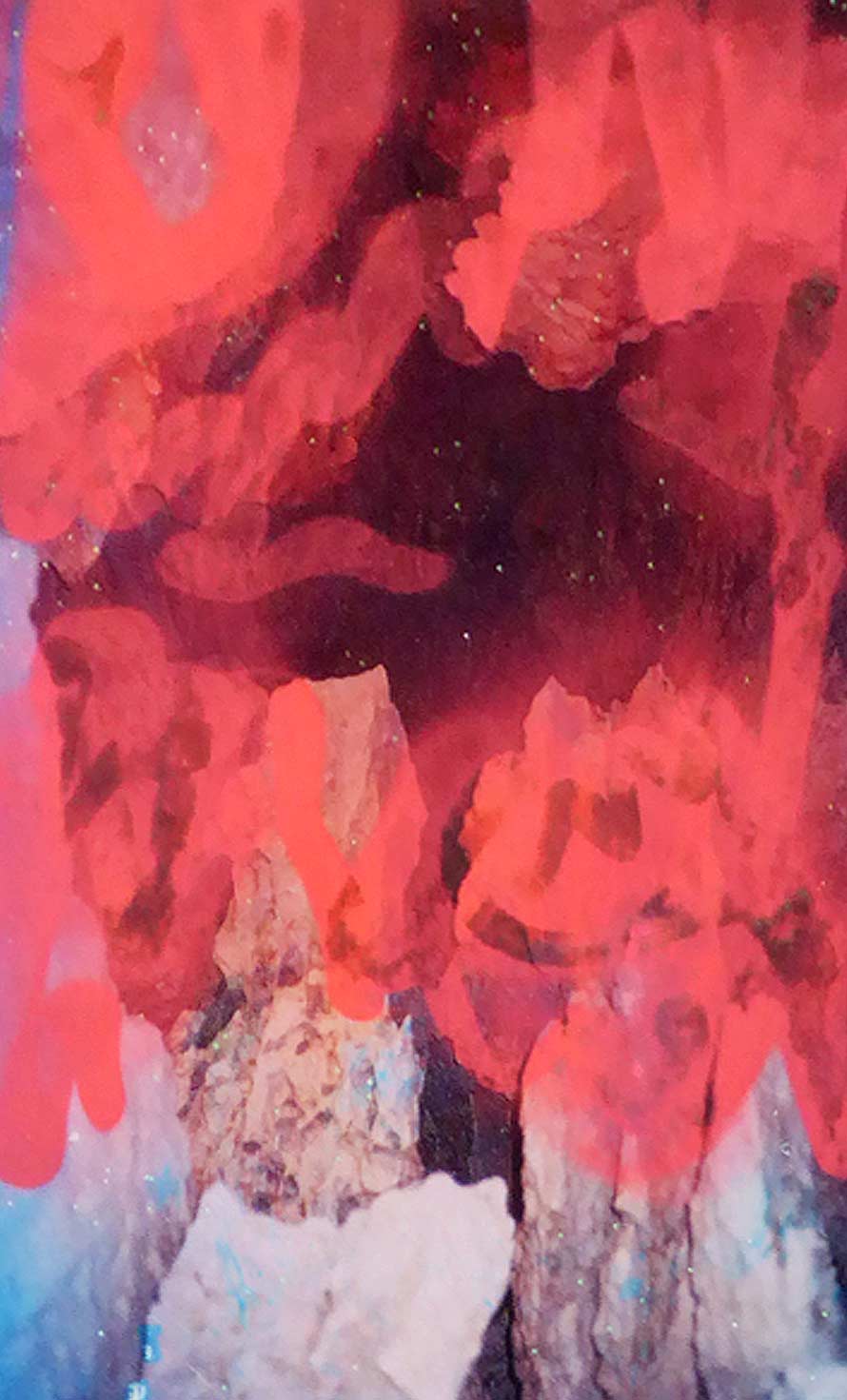 Dodeka inkjet print on matt paper, printed on pink fluoro spray paint, 135 × 100 cm. © Maya Rochat
