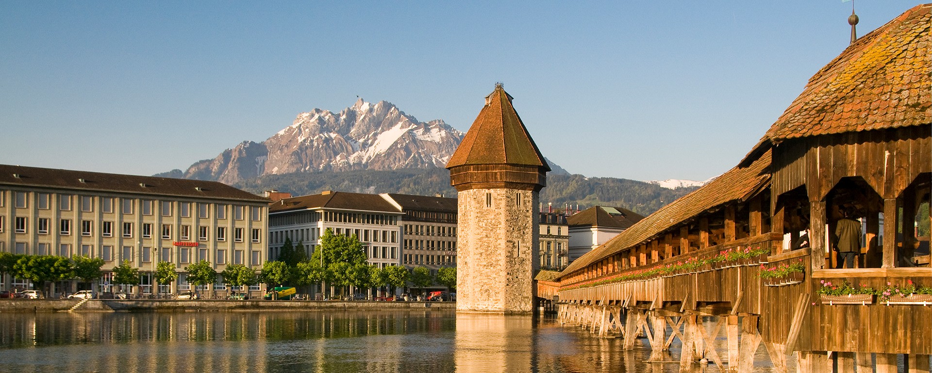 The Chapel Bridge in Lucerne at sunset