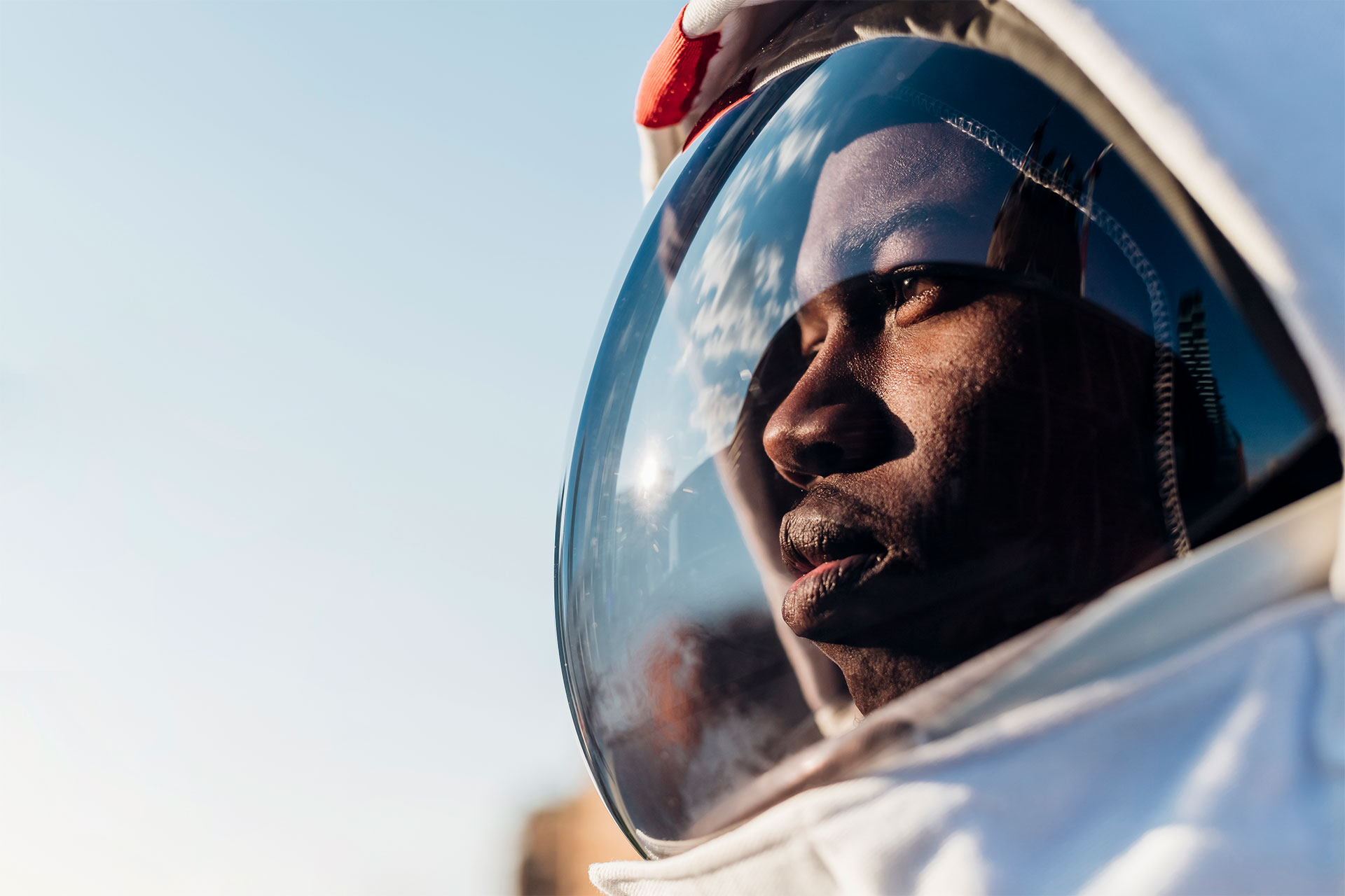 A man in a futuristic space suit