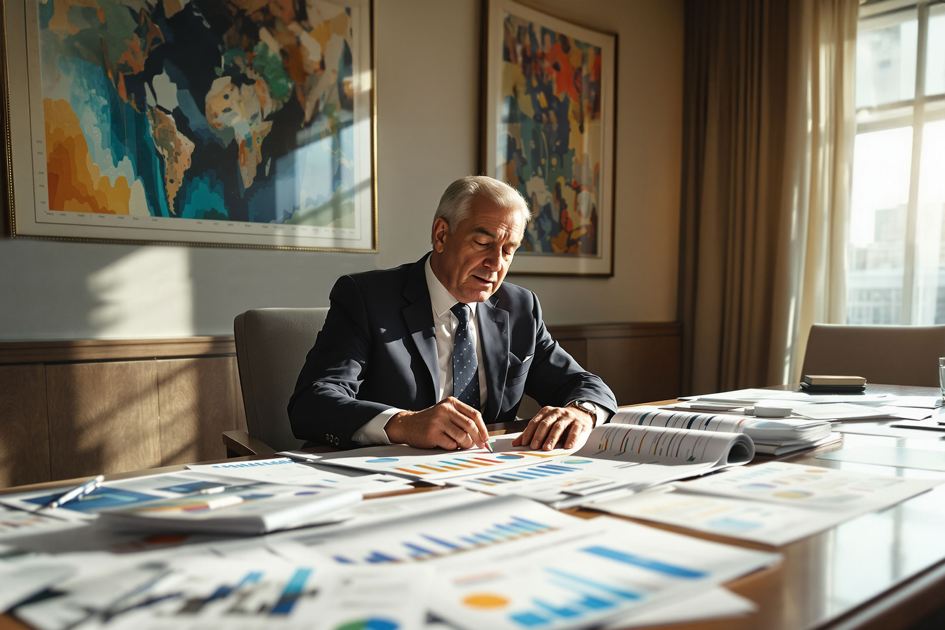 An elderly man doing paper work at a desk in a bright light home