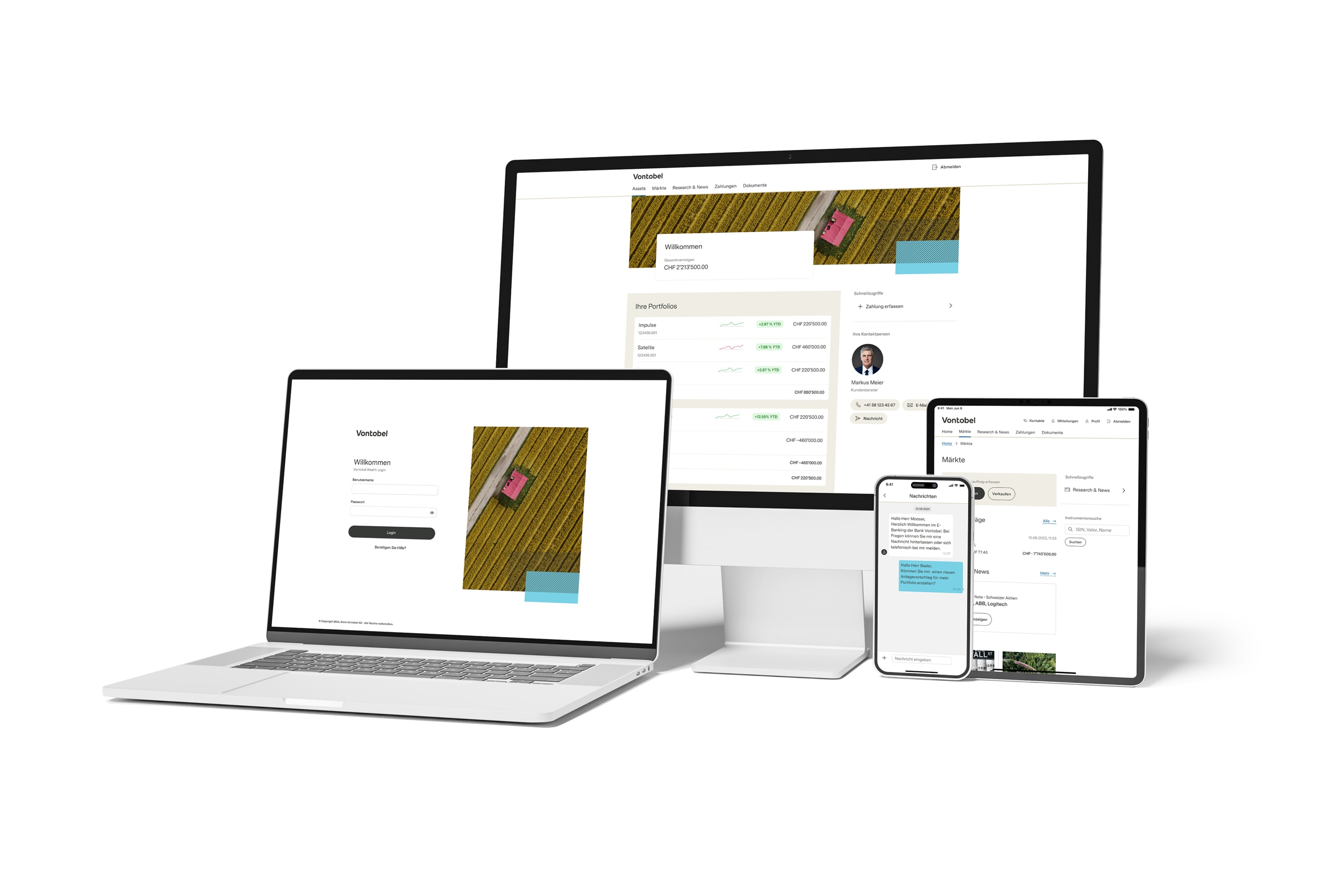 Unterschiedliche Screenshots der Vontobel Wealth App / des Online Bankings.
