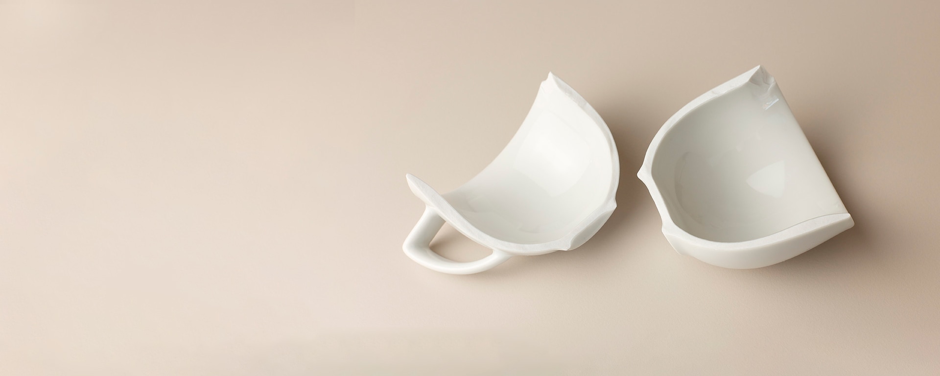 Two halves of a white broken cup lie on a bright surface.