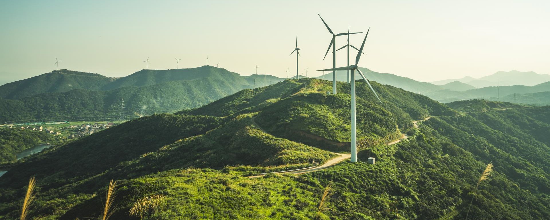 Dutzende Windräder auf grünen Hügeln symbolisieren Vontobels Nachhaltigkeit.