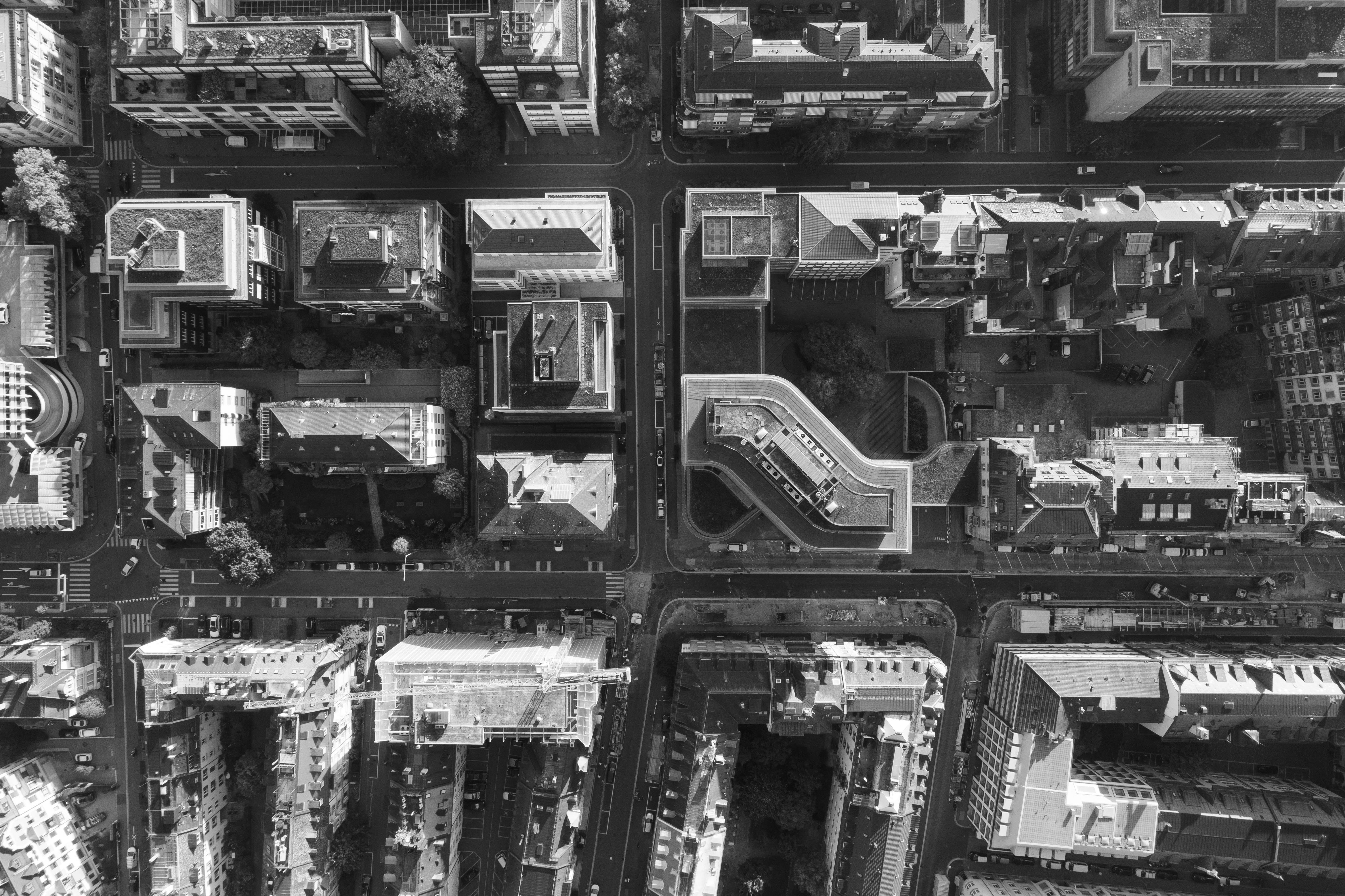 A black and white image of buildings in Zurich from a bird's eye view