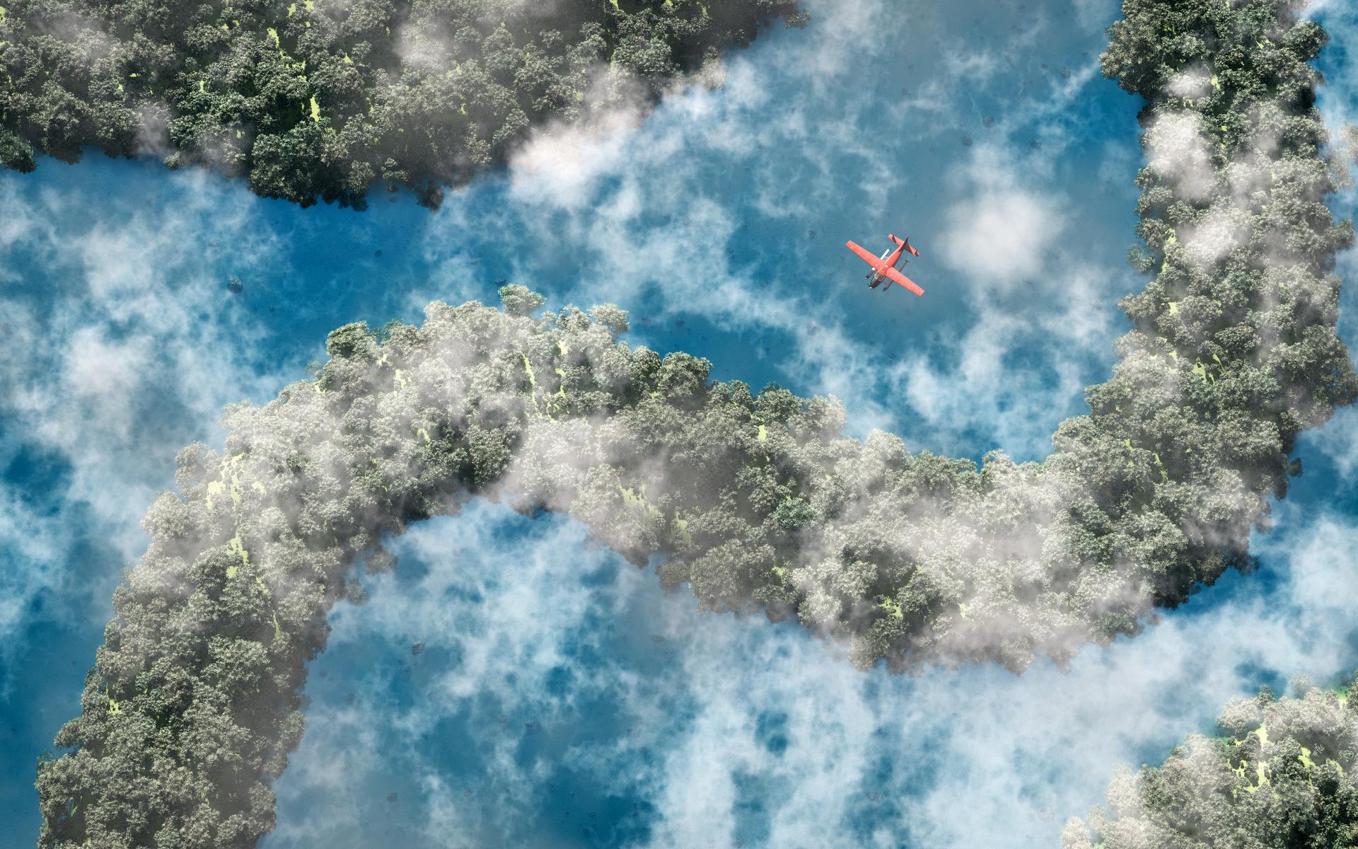 A plane soaring above a serene river and lush trees, showcasing the beauty of nature from above.