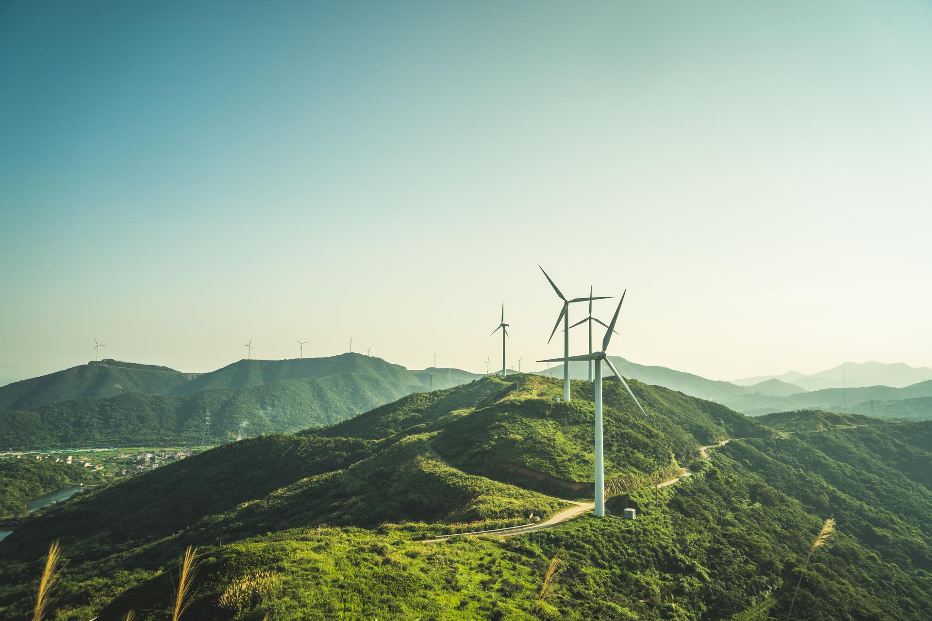 Dozens of wind turbines on green hills symbolize Vontobel's sustainability.