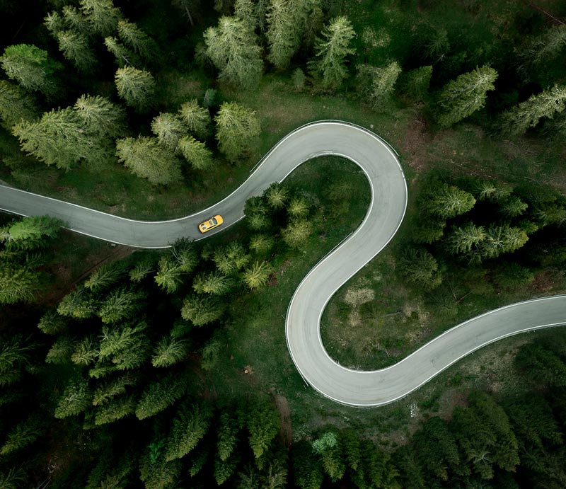 A road runs through a forest - bird's eye view.
