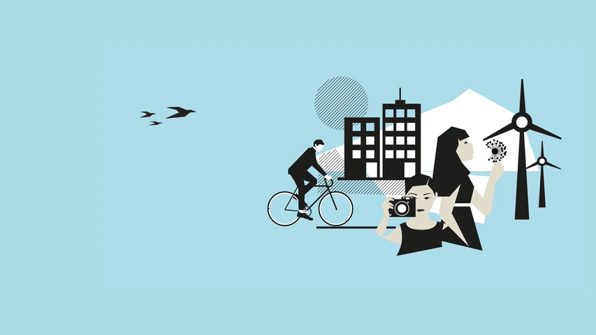 Illustration einer Stadt mit einem Mann der Fahrrad fährt, einer Frau die fotografiert und einer Frau mit einer Pusteblume. 