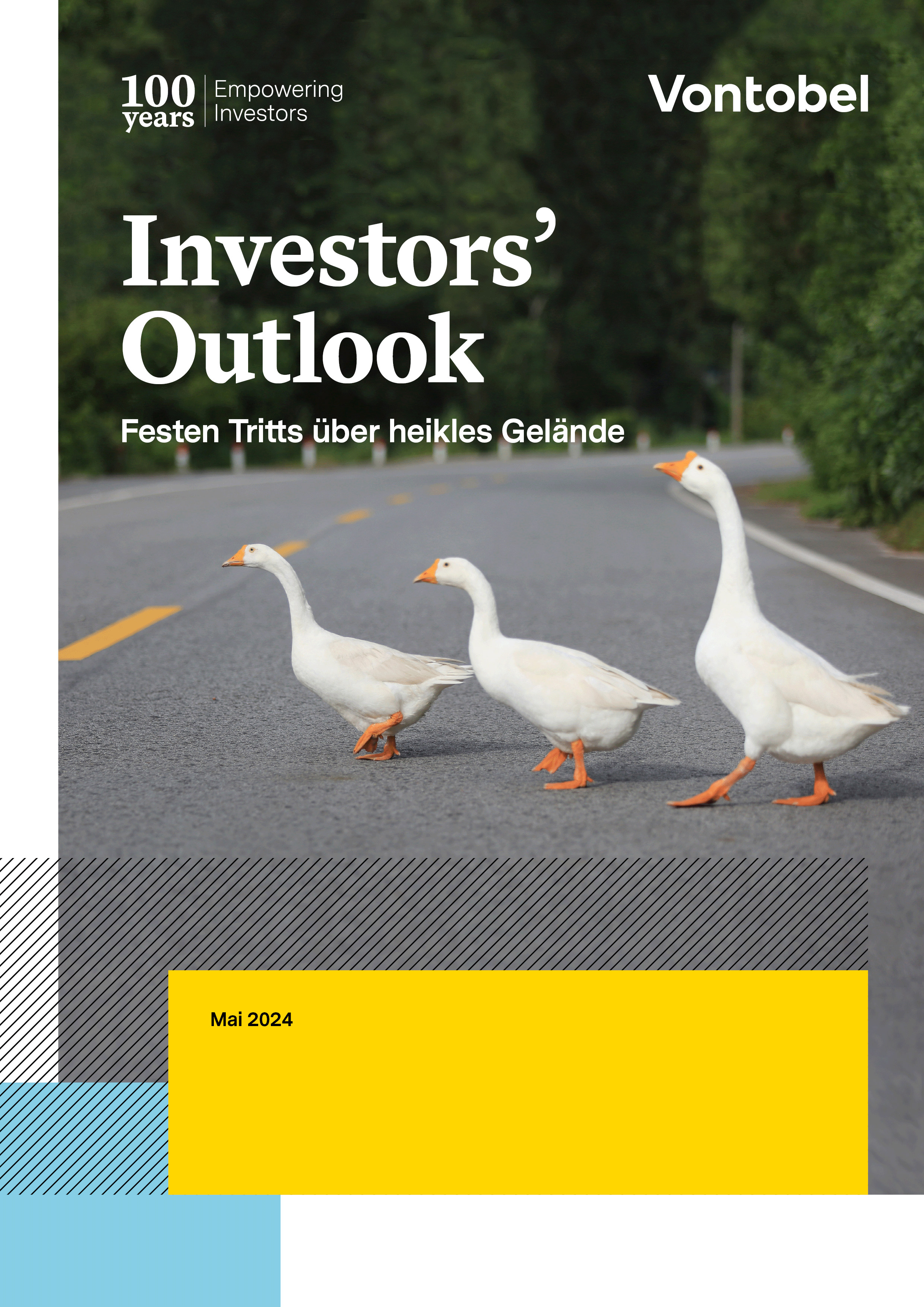 Investor's Outlook Mai von Vontobel - Cover PDF mit Gänsen die eine Strasse überqueren
